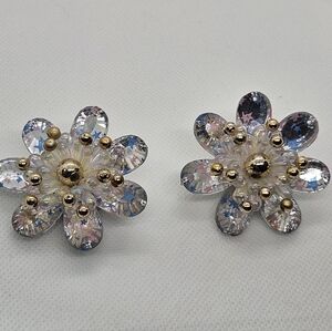 Vintage 50s Clip On Floral Earrings Shiny Shimmer Gold Retro Old Style Flowers